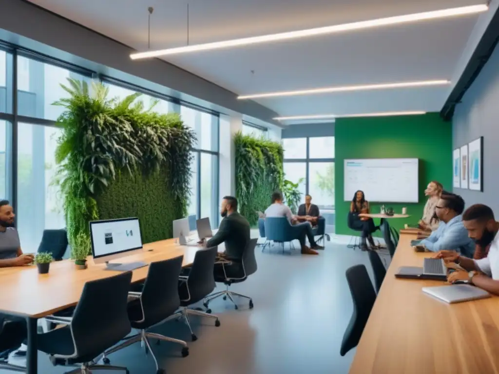Espacio de coworking moderno y vibrante: colaboración creativa en comunidad Un vibrante espacio de coworking con profesionales colaborando, mobiliario moderno, luz natural y una pared de plantas