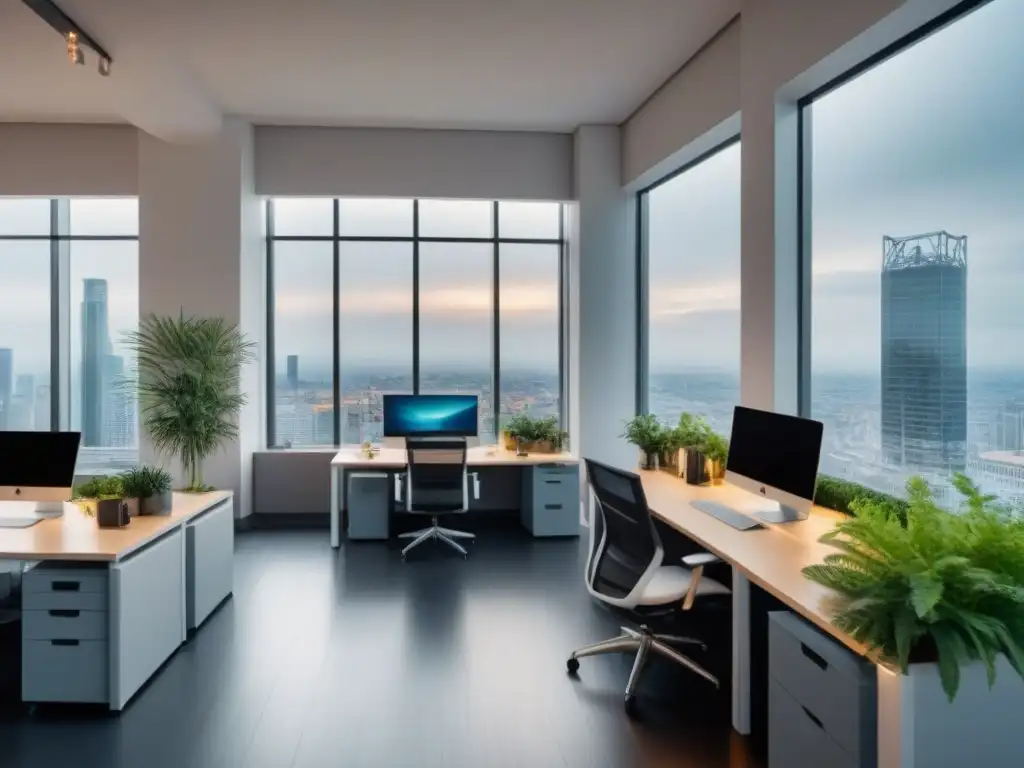 Espacio de coworking vibrante en ciudad cosmopolita Un vibrante espacio de coworking con profesionales colaborando en modernas estaciones de trabajo, rodeados de arte contemporáneo y plantas verdes