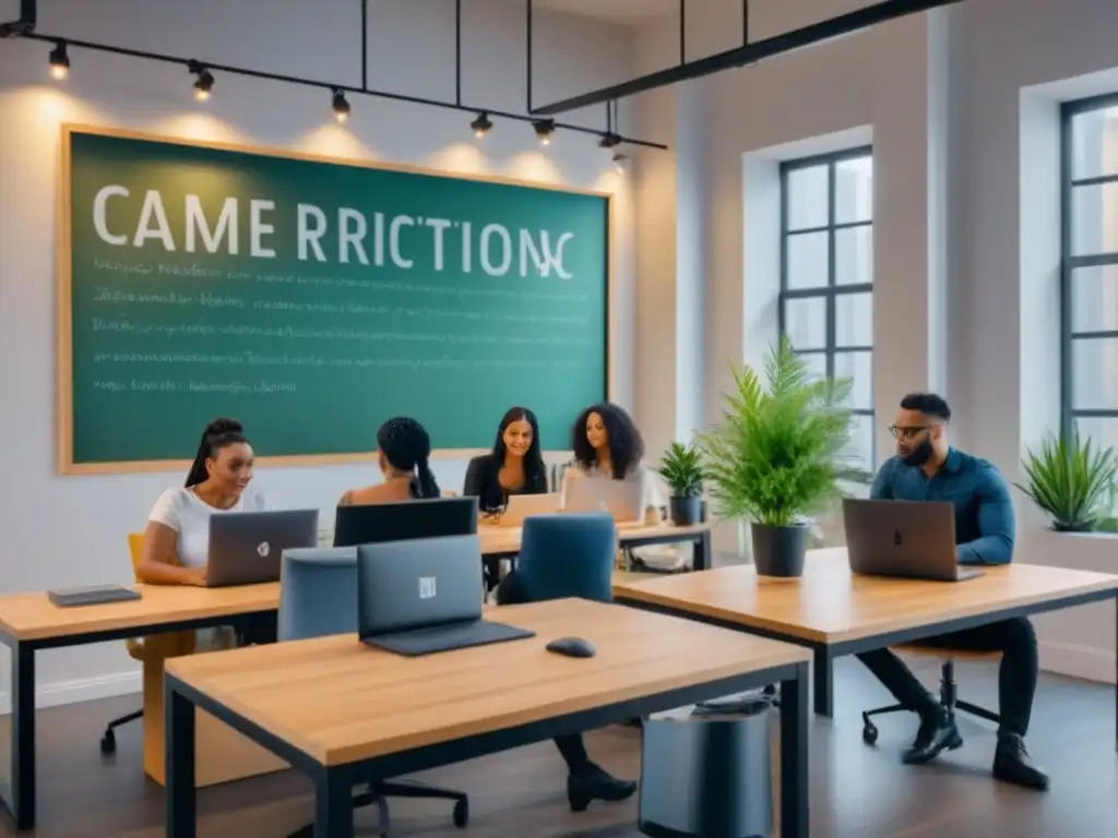 Coworking moderno: profesionales colaborando en un espacio creativo Un vibrante espacio de coworking con profesionales colaborando, plantas verdes, luz natural, gente trabajando y libros