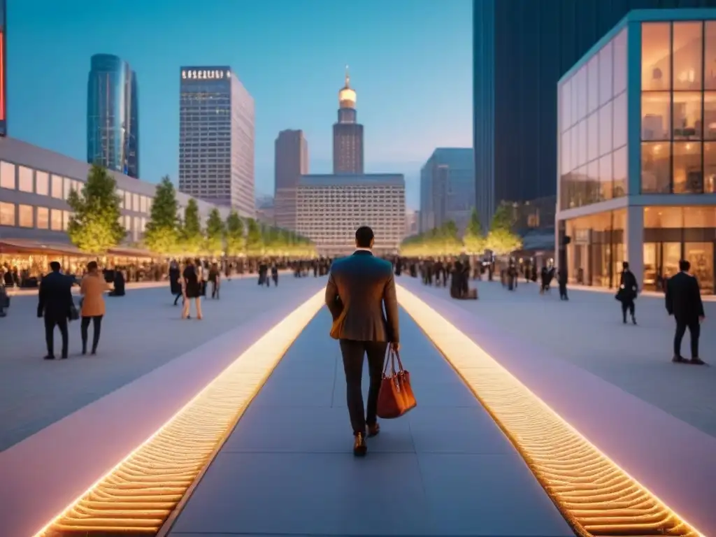Plaza urbana vibrante al anochecer Un vibrante espacio público en el desarrollo urbano inversión, lleno de vida y actividades nocturnas en la plaza de la ciudad