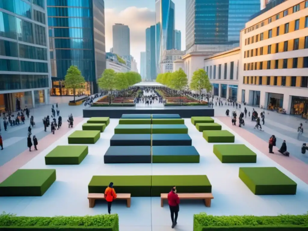 Plaza urbana vibrante: comunidad, arte y modernidad Un vibrante espacio público urbano lleno de vida, con gente diversa disfrutando de actividades en una plaza moderna rodeada de edificios altos