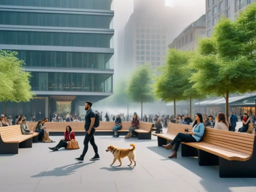 Plaza urbana vibrante: comunidad, diversidad y naturaleza en armonía Un vibrante espacio público urbano lleno de diversidad y vida, con actividades variadas y modernos edificios altos