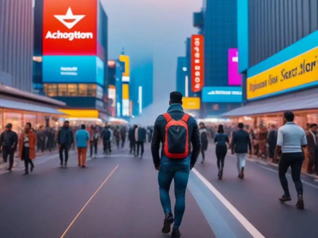 Horizonte urbano futurista en la hora azul: luces neón y movimiento Vibrante metrópolis futurista al anochecer con planificación espacios comerciales multifuncionales
