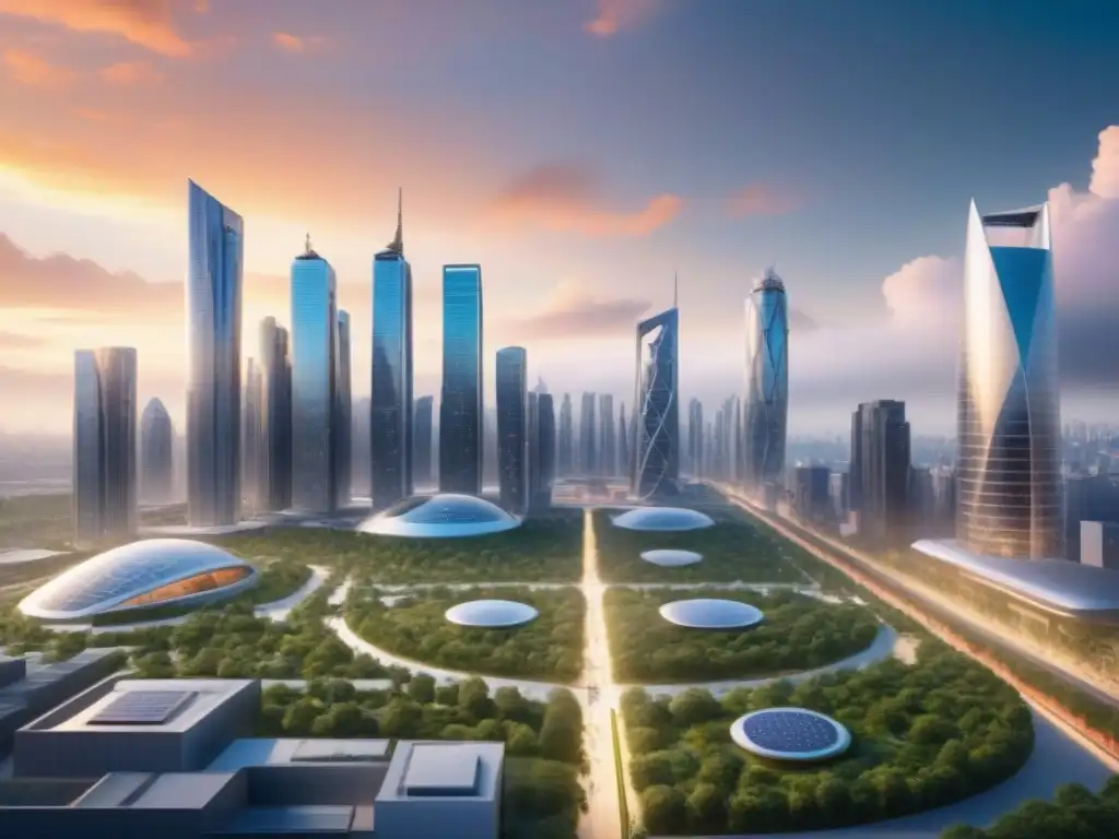 Metrópolis futurista: progreso y sostenibilidad en la ciudad del mañana Vibrante metrópolis futurista integrando naturaleza y tecnología