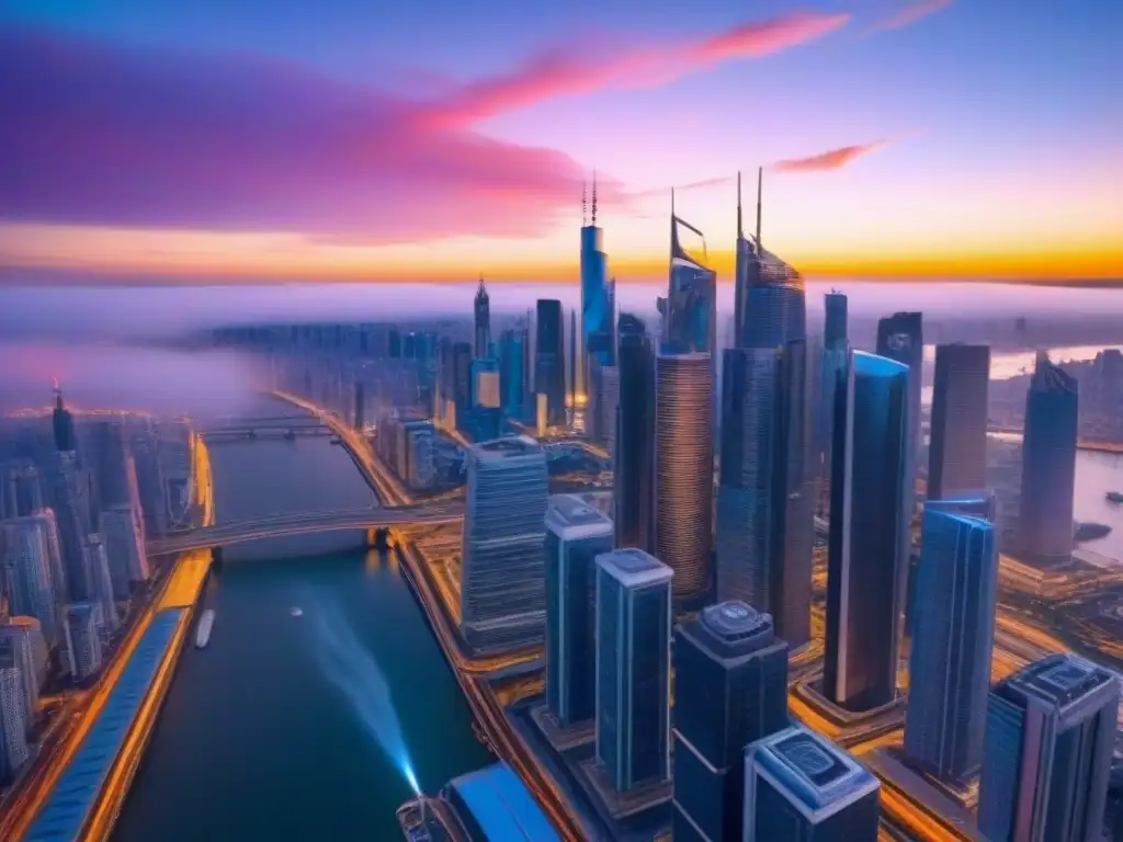 Metrópolis futurista: avance tecnológico en crowdfunding inmobiliario Vibrante metrópolis futurista con rascacielos y autos voladores al atardecer, reflejando tendencias crowdfunding inmobiliario futuro