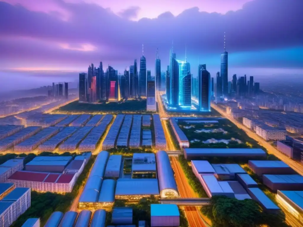 Metrópolis futurista: tecnología, sostenibilidad y urbanismo Vibrante metrópolis futurista al anochecer, con rascacielos iluminados por luces neón, transporte público avanzado y espacios verdes