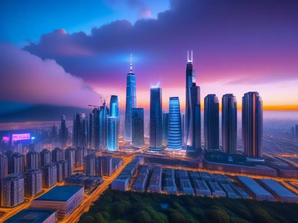 Metrópolis futurista: luces neón y hologramas en 8k Vibrante metrópolis futurista al anochecer con rascacielos iluminados y hologramas, reflejo de las tendencias mercado inmobiliario inversores en 2023