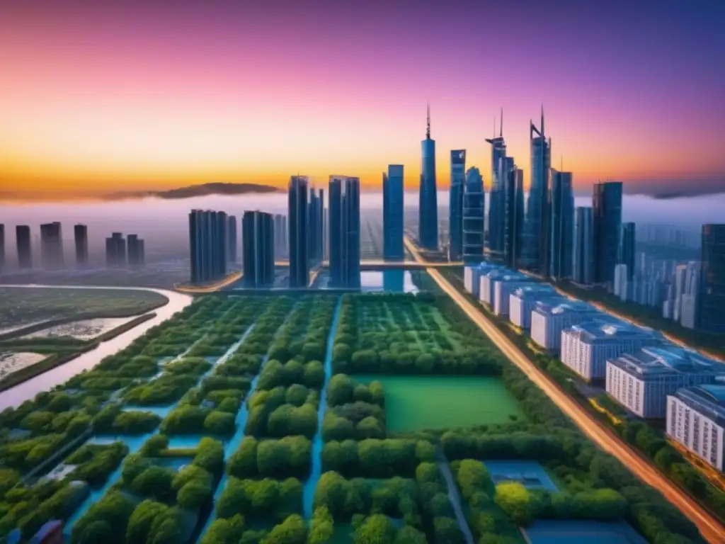 Metrópolis futurista: ciudad de cristal y naturaleza en 8k Vibrante metrópolis futurista con rascacielos de vidrio y atardecer, fusionando naturaleza e innovación en el mercado inmobiliario
