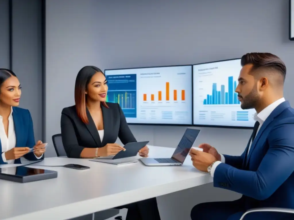 Profesionales debatiendo estrategias inmobiliarias en oficina moderna Un vibrante grupo de jóvenes profesionales discute estrategias de inversión inmobiliaria en una oficina moderna