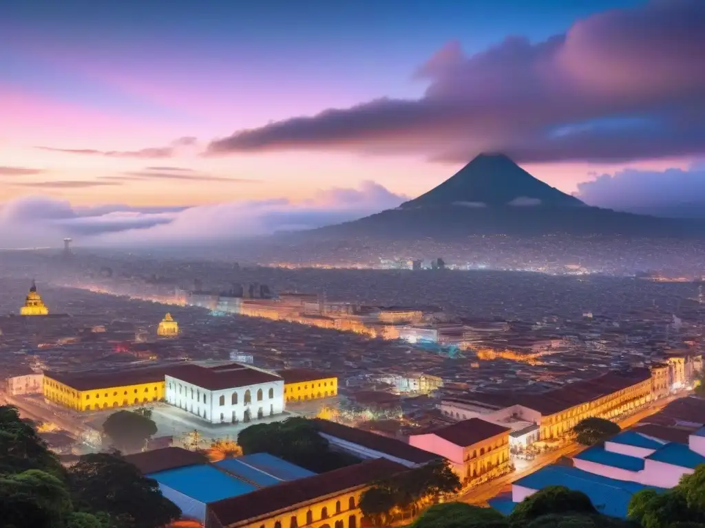 Horizonte dinámico de Ciudad de Guatemala al anochecer Vibrante horizonte de Ciudad de Guatemala al anochecer, profesionales dialogando, ideal para invertir mercado inmobiliario Guatemala
