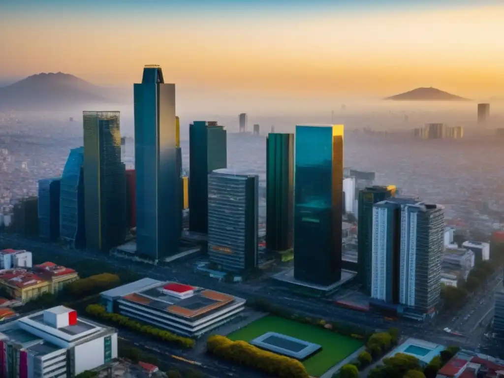 Horizonte innovador de Ciudad de México: fusión fintech en bienes raíces Vibrante horizonte de Ciudad de México con rascacielos y fintech en mercado inmobiliario México