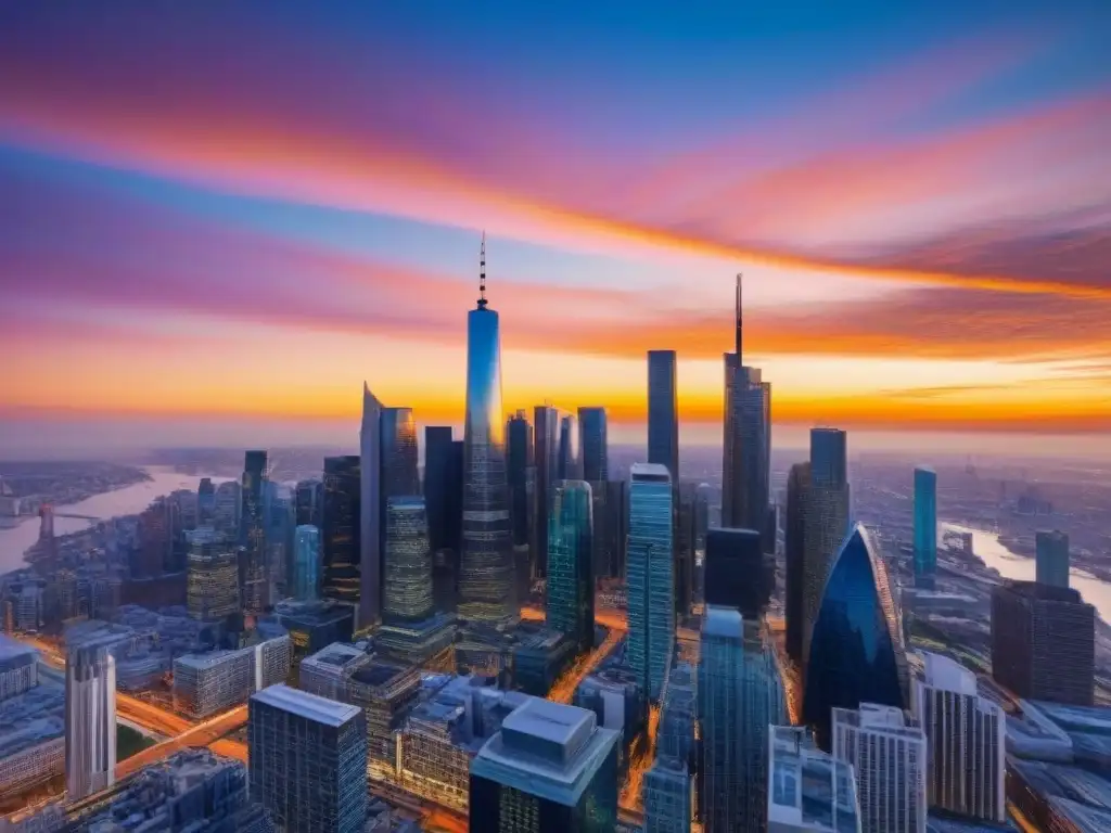 Horizonte urbano al atardecer: inversión inmobiliaria en la ciudad Un vibrante horizonte urbano al atardecer con rascacielos modernos y edificios históricos, reflejando prosperidad