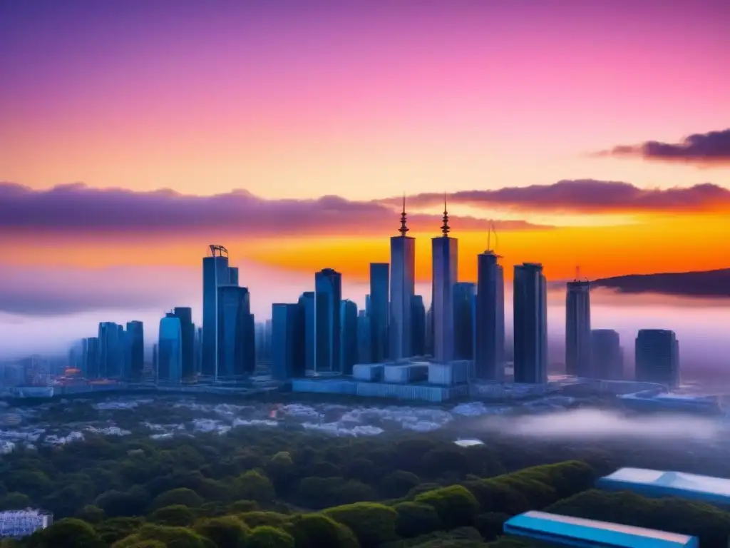 Horizonte urbano al atardecer: impacto de impuestos en bienes raíces Vibrante horizonte urbano al atardecer con rascacielos reflejando tonos naranjas y rosados, ideal para estrategias para inversores inteligentes