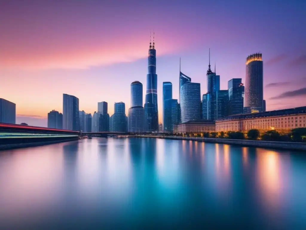 Horizonte urbano moderno en 8k: luces vibrantes en río al atardecer Vibrante horizonte urbano de noche reflejado en río, simboliza progreso y oportunidad en mercado inmobiliario