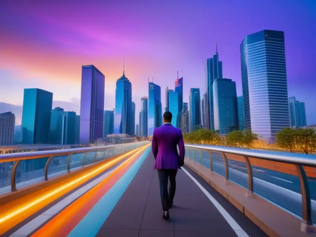Espectacular ciudad nocturna: luces y modernidad Un vibrante horizonte urbano al anochecer con rascacielos modernos e iluminación colorida, reflejando actividad comercial