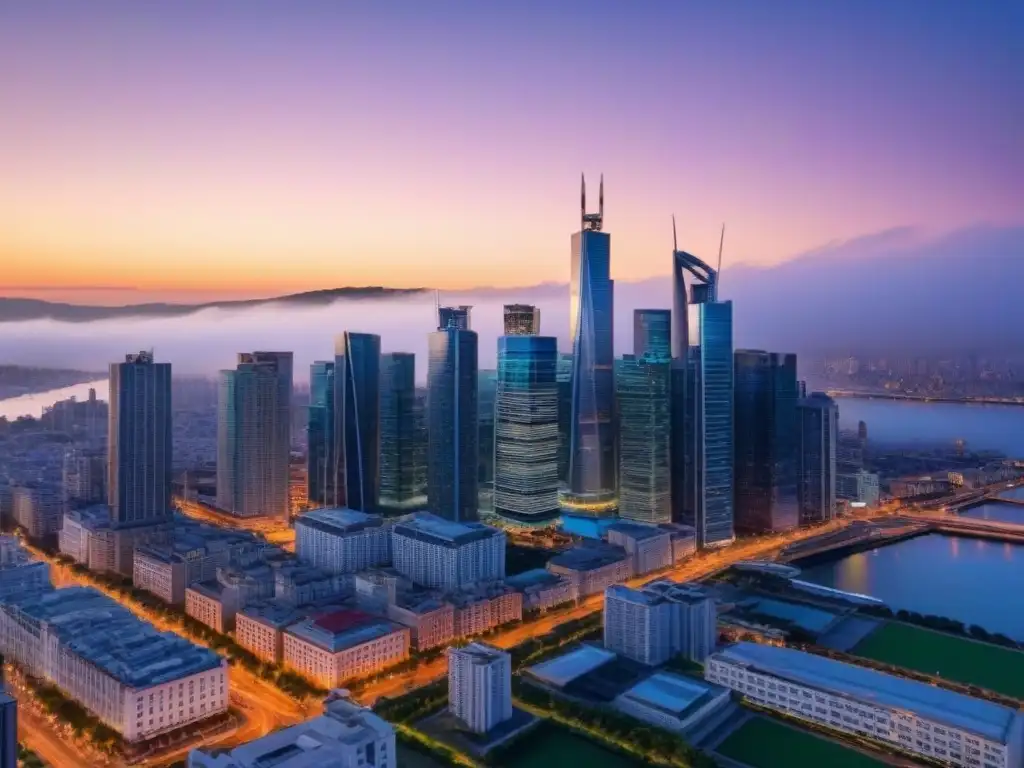 Vibrante horizonte urbano al anochecer, reflejo de crecimiento económico para inversores inmobiliarios durante política monetaria expansiva