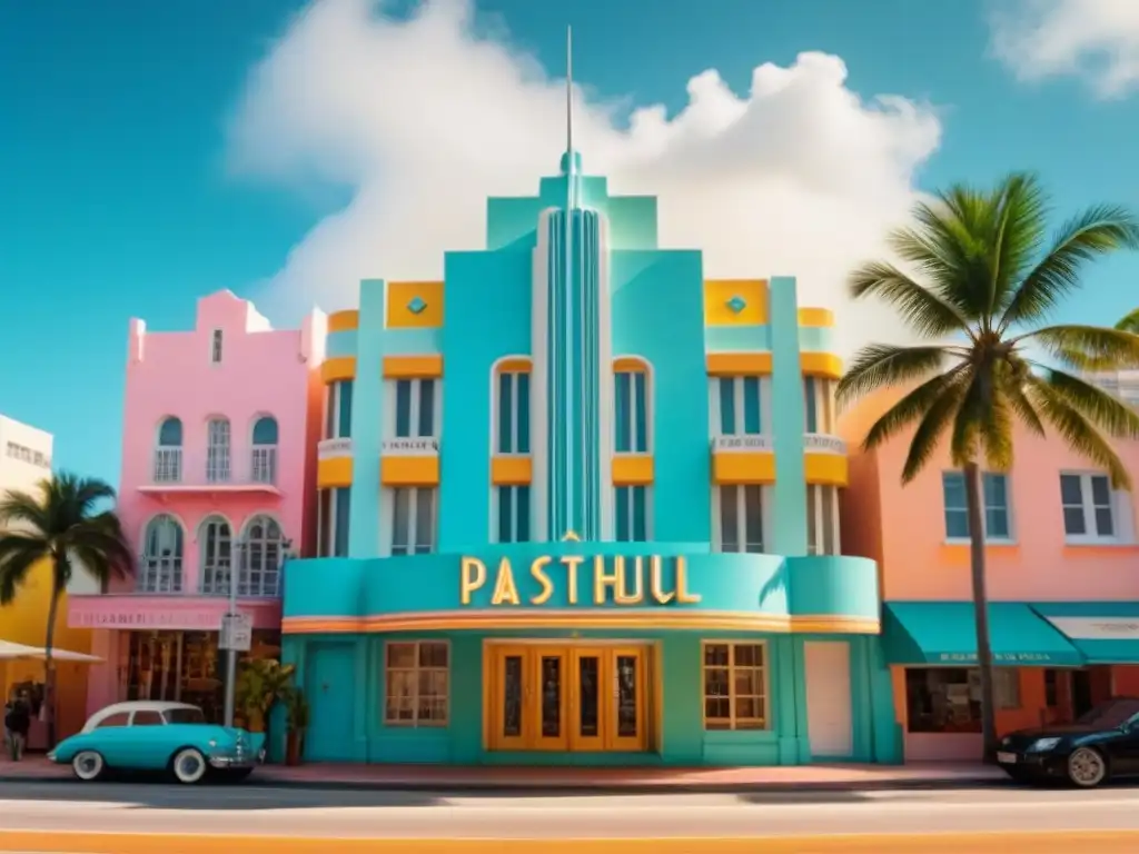 Arquitectura Art Deco en Ocean Drive, Miami Beach Vibrante imagen de Ocean Drive en Miami Beach con edificios de estilo Art Deco en un día soleado