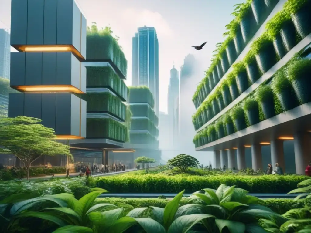 Metropolis futurista: integración perfecta de naturaleza y arquitectura Vibrante integración de naturaleza y diseño urbano en paisaje futurista con edificios modernos y vegetación exuberante