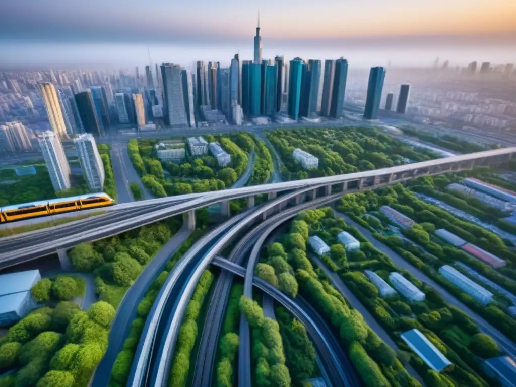Metrópolis moderna con eficiente transporte público Vibrante integración del transporte público en el desarrollo inmobiliario de una metrópolis