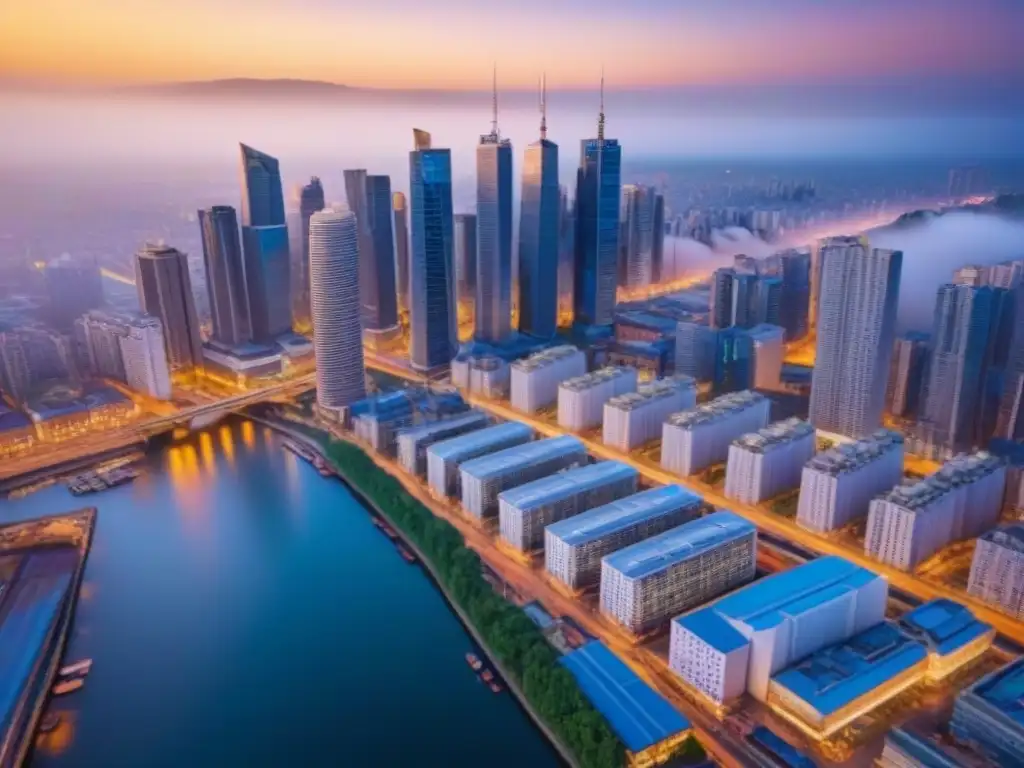 Esplendor urbano: Atardecer en la ciudad de rascacielos modernos Vibrante inversión inmobiliaria en mercado: ciudad moderna iluminada al anochecer, rascacielos brillan como estrellas sobre río sereno