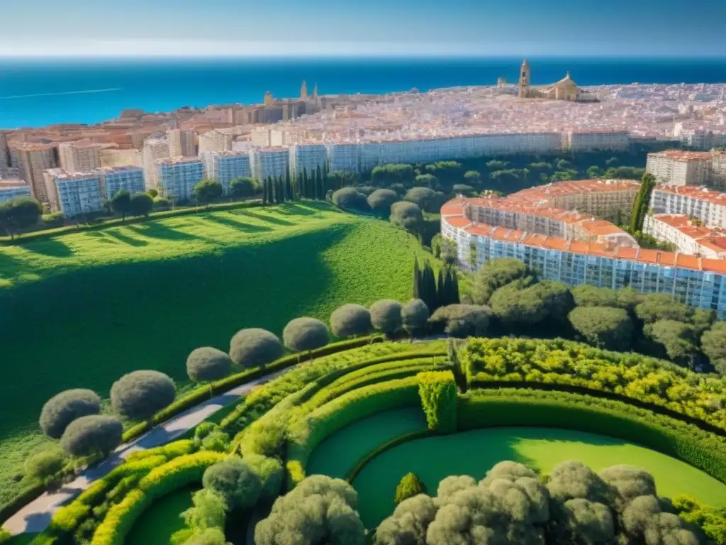 Vibrante ciudad costera en España: arquitectura moderna y vida urbana Vibrante mercado de alquiler en España: modernos edificios y terrazas con el Mediterráneo de fondo