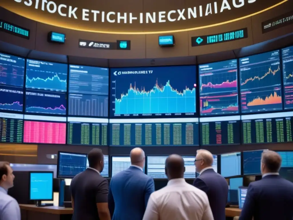 Futuro financiero: inversores analizan datos en mercado bursátil vibrante Un vibrante mercado bursátil con inversores analizando datos en pantallas, gráficos coloridos en el aire