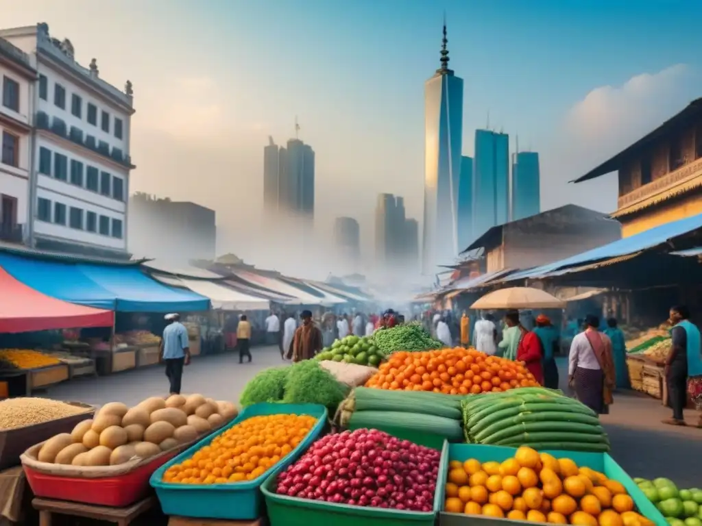 Mercado vibrante en ciudad emergente: diversidad y color Vibrante mercado emergente con diversidad de puestos coloridos y actividad constante