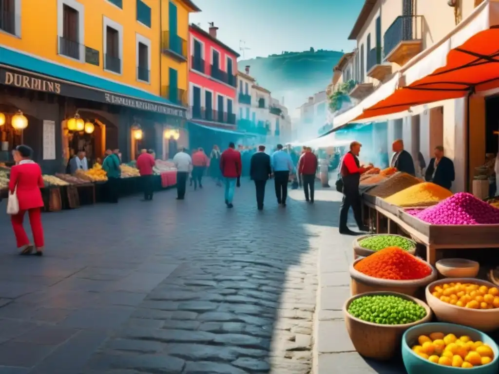 Mercado vibrante: tradición y estrategias de venta en acción Vibrante mercado español con coloridos puestos de venta y estrategias de marketing tradicionales en España
