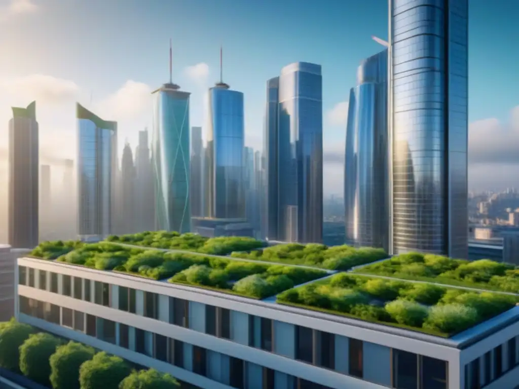 Edificio sostenible: innovación y colaboración en la ciudad del futuro Un vibrante mercado inmobiliario con certificaciones verdes en un edificio moderno rodeado de rascacielos futuristas