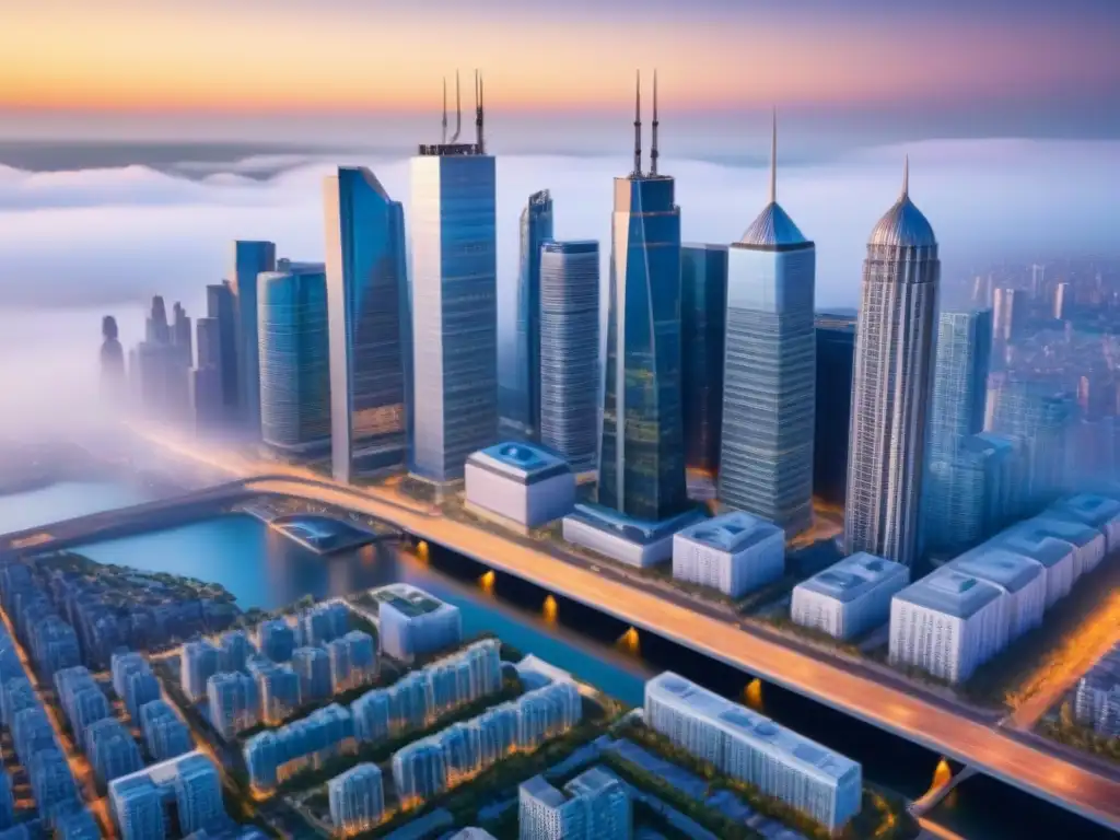 Real Estate Innovador en Ciudad Futurista Vibrante mercado inmobiliario con diseño futurista y espacios verdes, reflejando innovación y colaboración en el sector