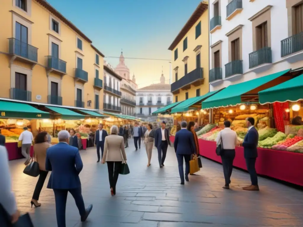 Escena vibrante: Mercado inmobiliario en España Vibrante mercado inmobiliario en España: diversidad de personas negociando propiedades en una animada plaza de la ciudad
