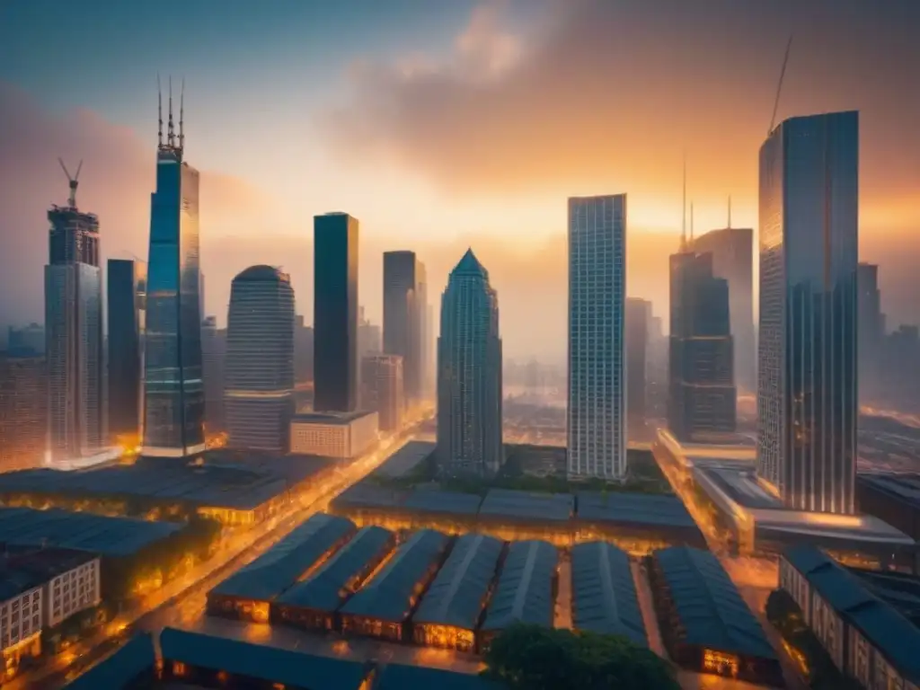 Horizonte urbano dorado: mercado inmobiliario próspero Vibrante mercado inmobiliario reflejando estabilidad monetaria en la ciudad al atardecer