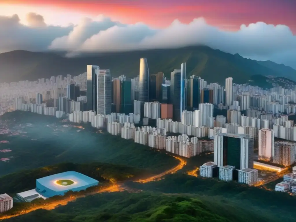 Inversión inmobiliaria en Caracas: rascacielos moderno en vibrante mercado Invierte en el vibrante mercado inmobiliario de Venezuela con esta imagen de un moderno rascacielos en Caracas