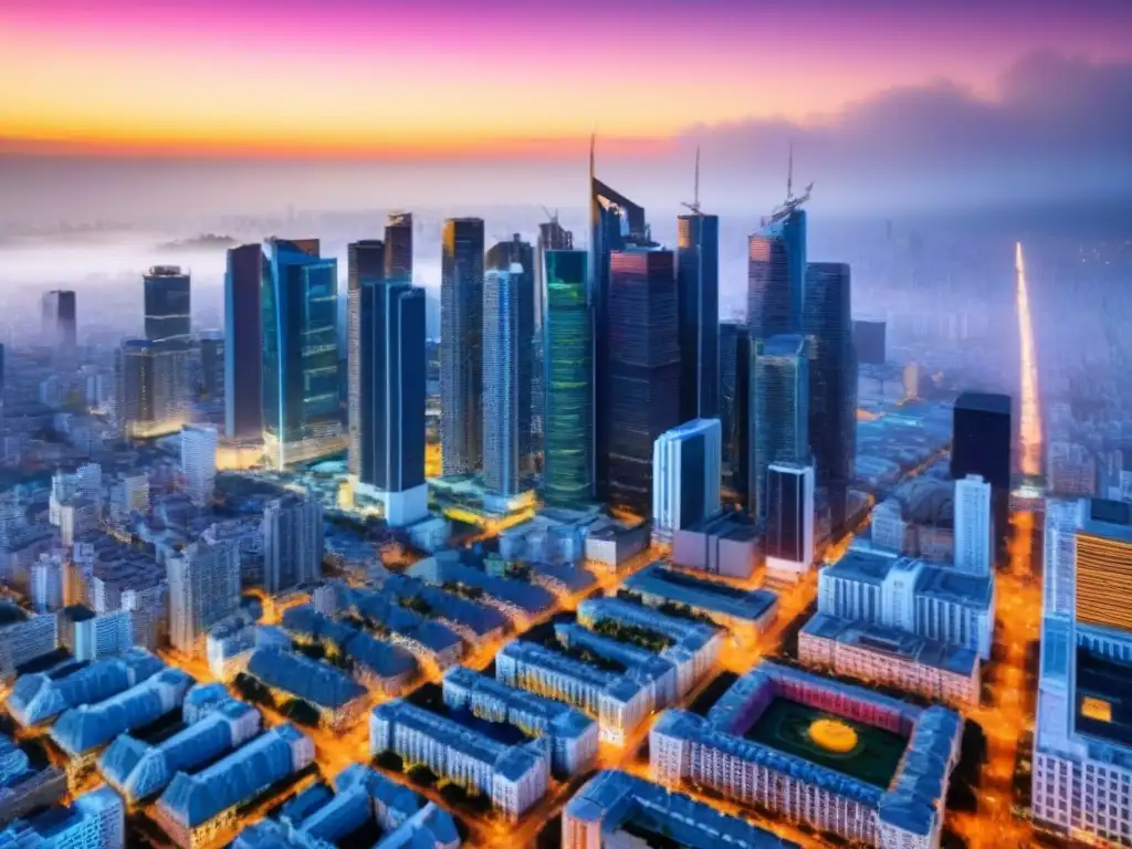 Horizonte urbano al atardecer: auge inmobiliario y modernidad El vibrante mercado inmobiliario impactado por tasas de interés: ciudad con rascacielos iluminados al atardecer