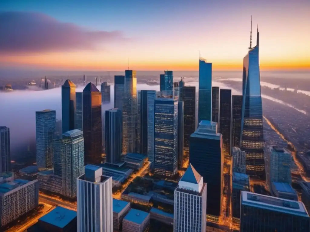 Horizonte urbano vibrante: profesionales en inversión inmobiliaria Vibrante mercado inmobiliario con inversores analizando datos en la ciudad al atardecer