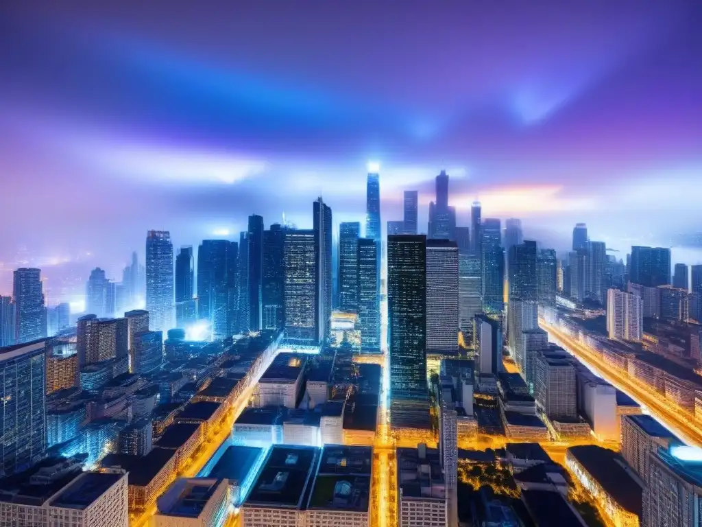 Metrópolis nocturna: revolución tecnológica en mercado inmobiliario Vibrante mercado inmobiliario nocturno con rascacielos iluminados y datos de Big Data en primer plano