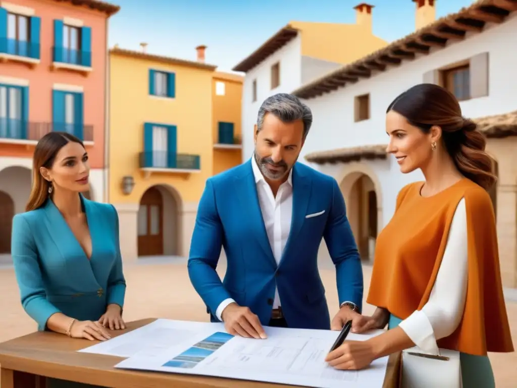 Mercado inmobiliario en España: dinamismo y crecimiento en 2023 Vibrante mercado inmobiliario en España 2023: profesionales negociando bajo el sol mediterráneo