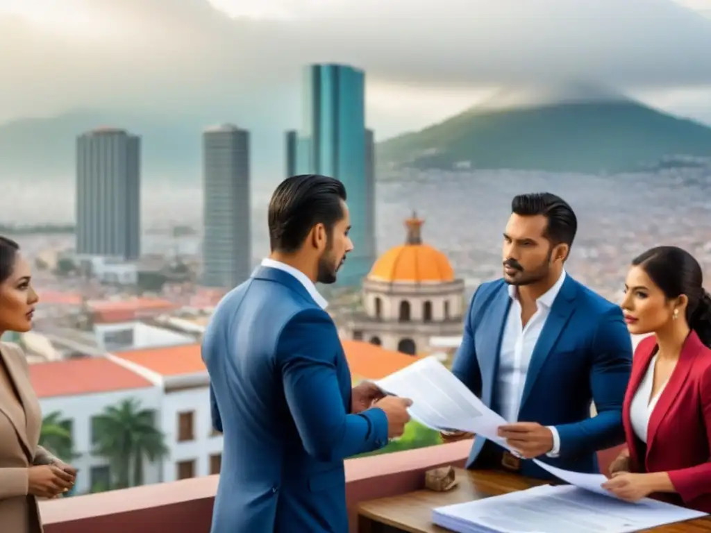 Mercado inmobiliario mexicano: diversidad y dinamismo en la ciudad Vibrante mercado inmobiliario en México con rascacielos modernos y arquitectura tradicional, profesionales discutiendo papeleo