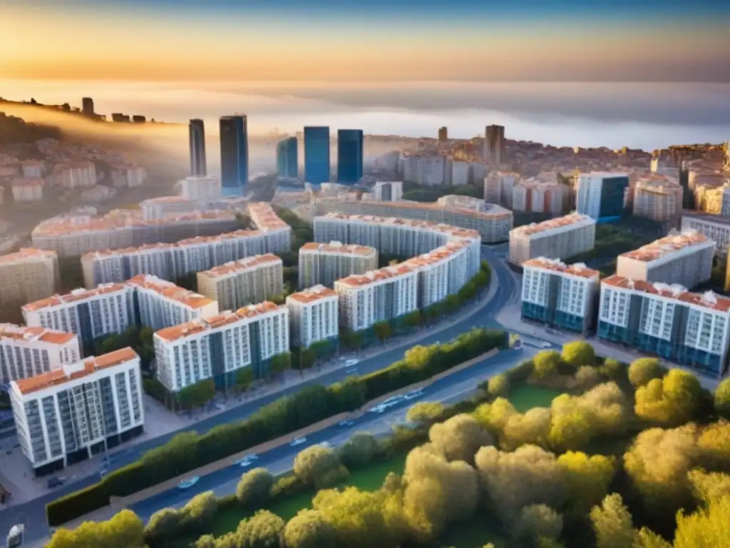 Mercado inmobiliario en España: dinamismo y diversidad urbana Vibrante mercado inmobiliario en España: mezcla de rascacielos modernos y edificios históricos, reflejando diversidad y crecimiento