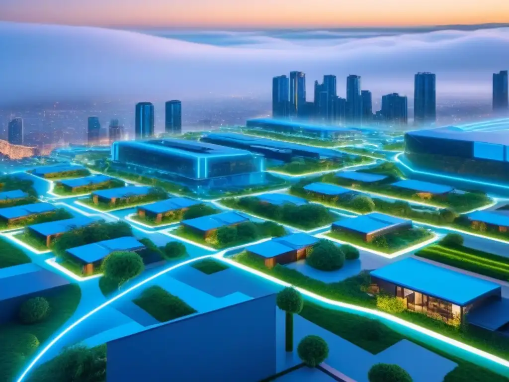 Mercado inmobiliario digital: securitización de propiedades Vibrante mercado inmobiliario securitizado, con edificios interconectados y elementos futuristas