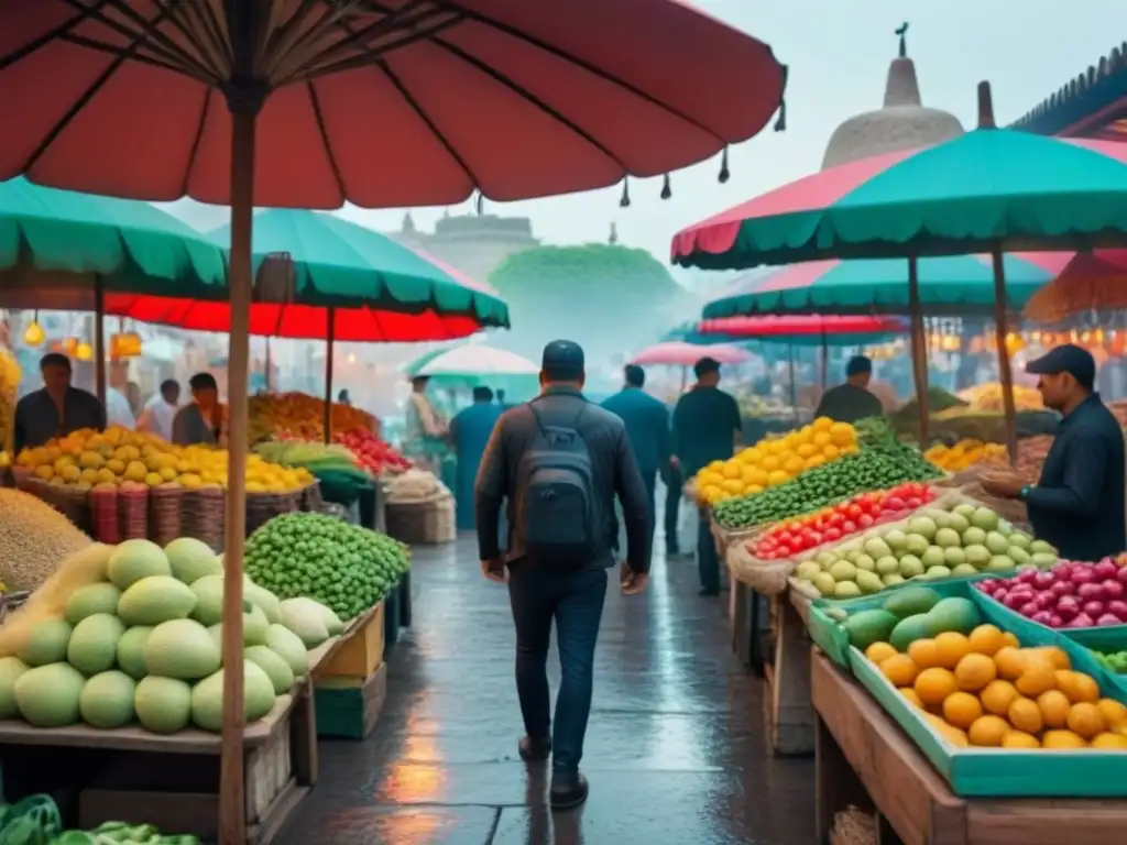 Mercado mexicano vibrante con frutas y artesanías coloridas Un vibrante mercado mexicano con coloridas frutas, verduras y artesanías bajo sombrillas, reflejando el análisis de mercado para propiedades en México