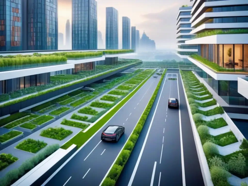 Cityscape futurista con diseño urbano sostenible Vibrante metrópoli futurista con paisajismo sostenible en el desarrollo inmobiliario