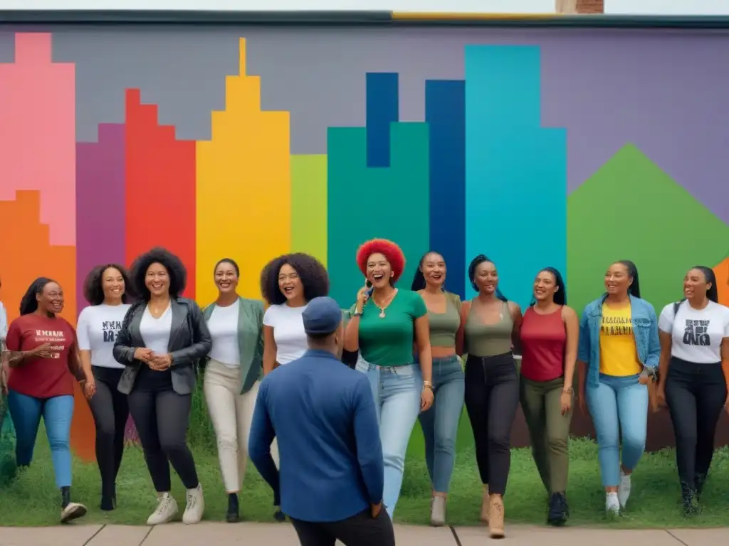Activismo local: un mural vibrante que celebra la diversidad y la comunidad Un vibrante mural de activismo local preserva la identidad cultural, con activistas de todas las edades y orígenes, comprometidos en diversas actividades comunitarias en una bulliciosa ciudad