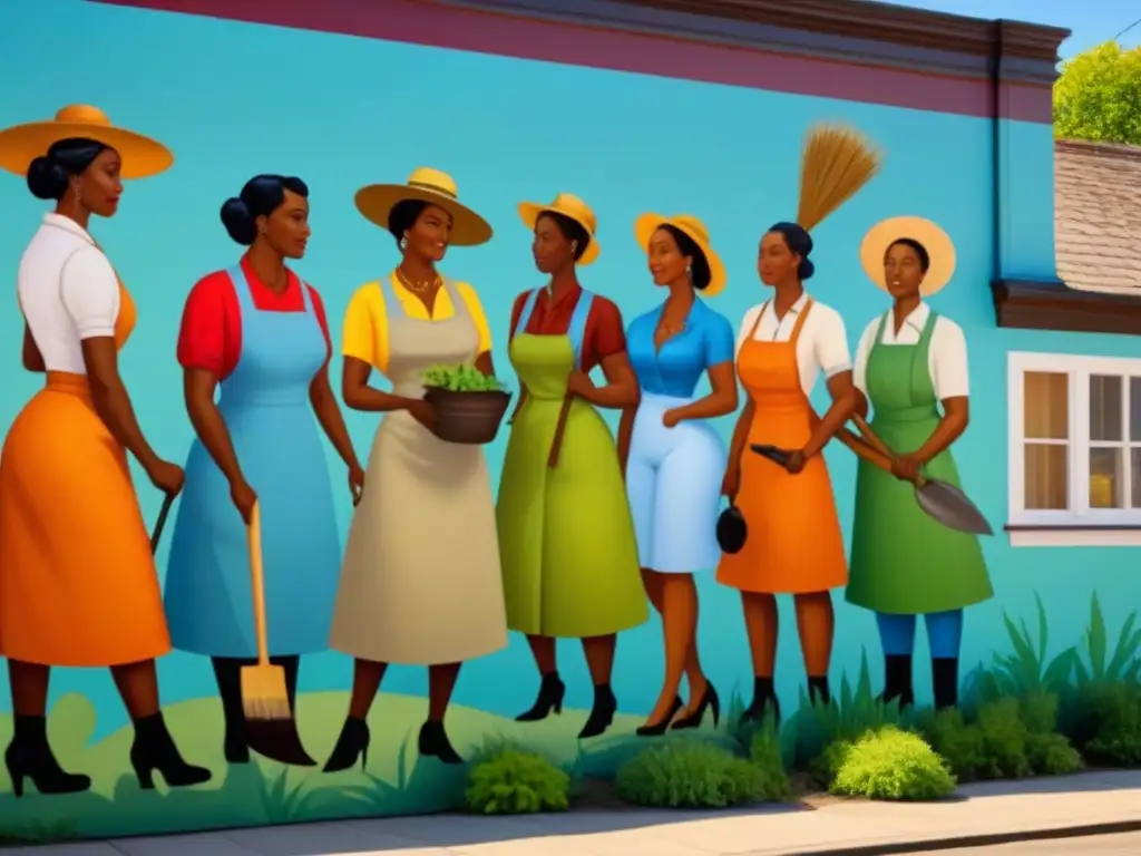 Un mural vibrante y moderno de comunidad unida en preservación histórica Un vibrante mural moderno que muestra a una diversa comunidad trabajando juntos para conservar su patrimonio local