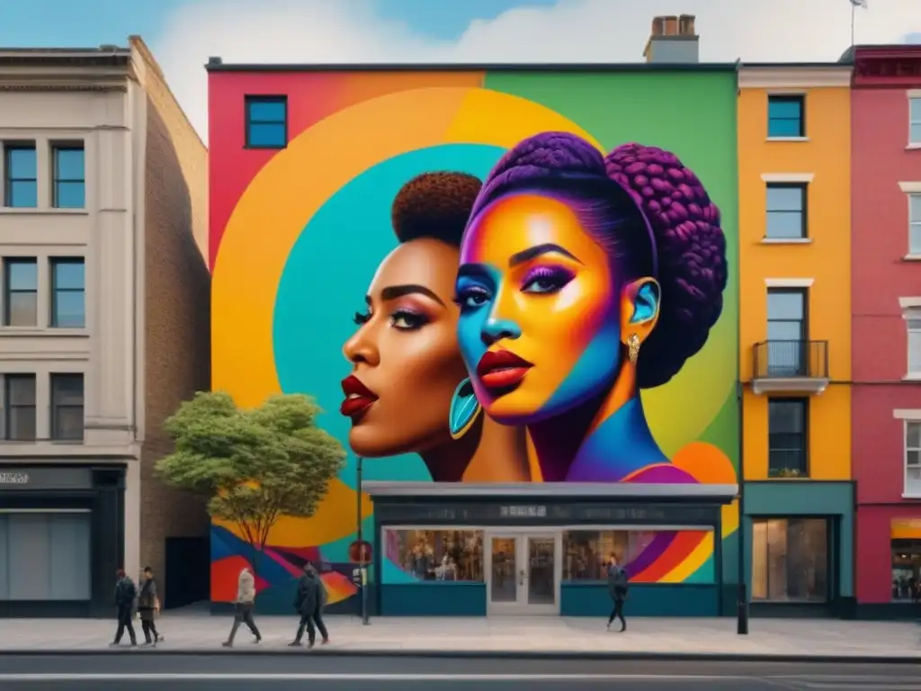 Murales urbanos: un vibrante lienzo de diversidad y colaboración Un vibrante mural urbano que muestra diversidad y colaboración en el arte inmobiliario