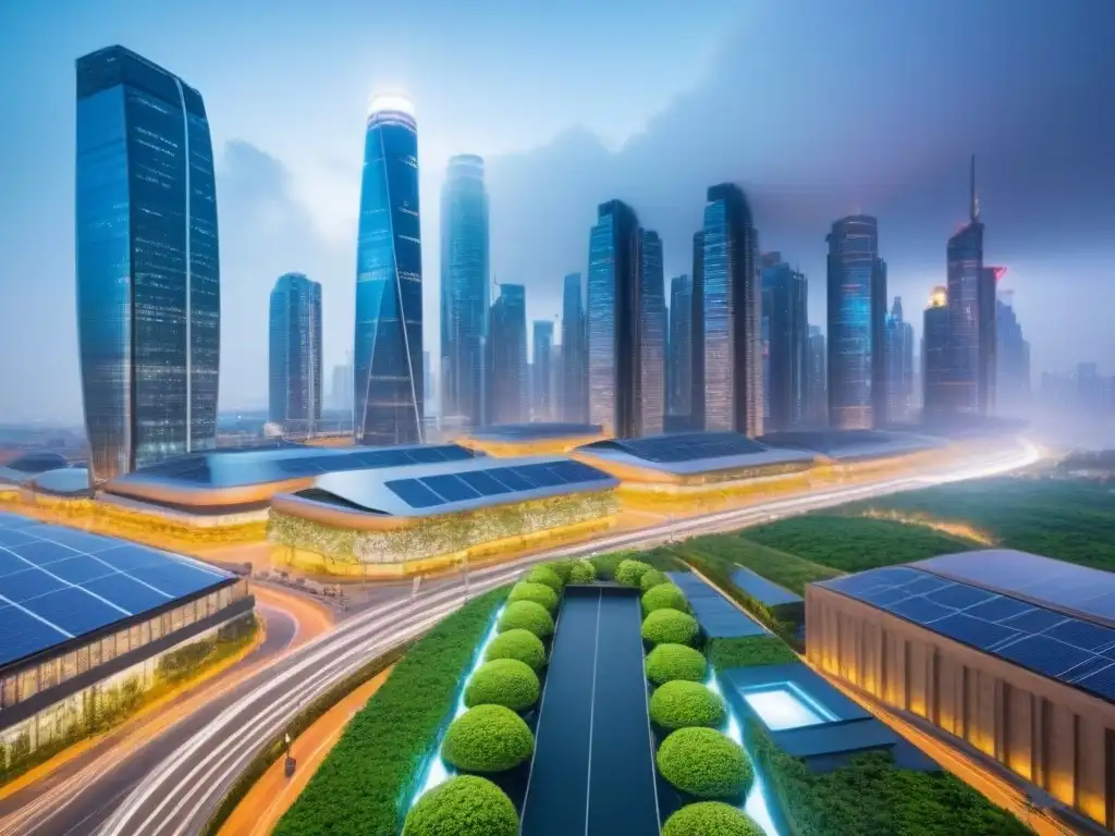 Metrópolis futurista: luces, edificios verdes y movilidad eléctrica Vibrante metrópolis nocturna con desarrollo urbano metrópolis estrategias en arquitectura sostenible