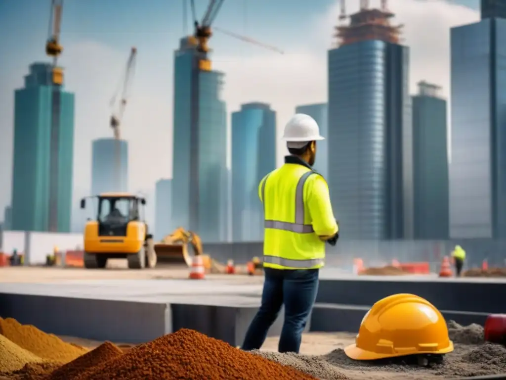 Construcción segura y progresiva en CDMX Vibrante obra en CDMX: trabajadores, maquinaria y rascacielos, cumpliendo normativas construcción México multas