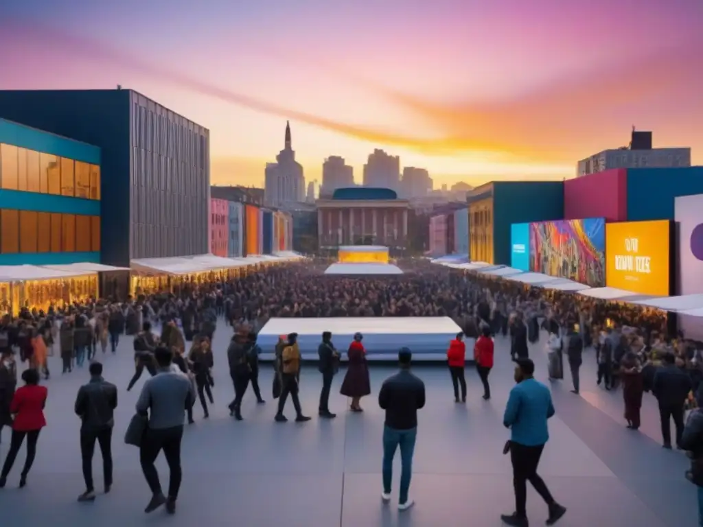 Plaza urbana multicultural al atardecer Un vibrante paisaje urbano con arquitectura moderna, arte callejero y actividades culturales al atardecer