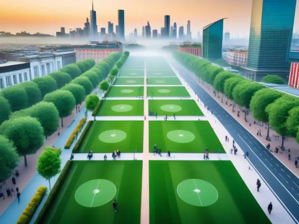 Vibrante ciudad multicultural: arquitectura, naturaleza y comunidad Un vibrante paisaje urbano con arquitectura diversa y espacios verdes, donde la comunidad participa en diversas actividades