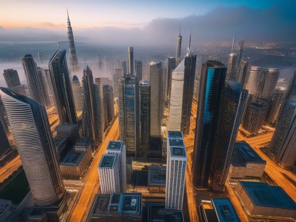 Profesionales urbanos: investigación de mercado inmobiliario Un vibrante paisaje urbano al atardecer con profesionales realizando investigación de mercado en bienes raíces